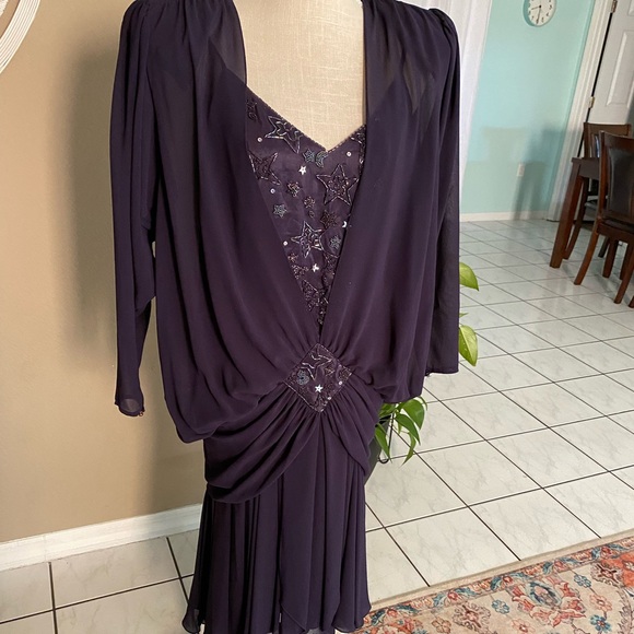 Vintage Dresses & Skirts - Witchy Woman Vintage Plum Eggplant Dress Beaded Stars 80s Ruched Draped Blouson